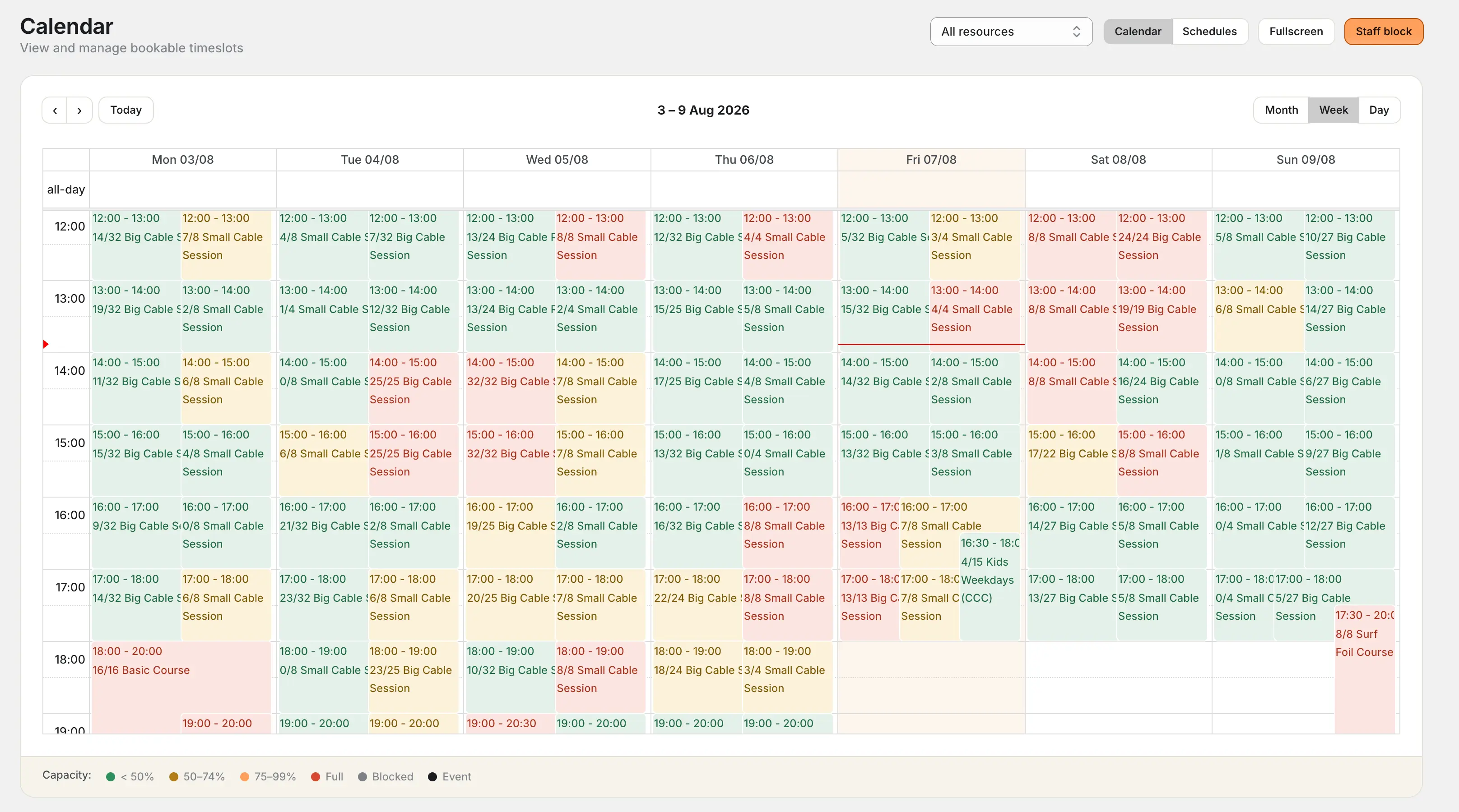 CapFlow Booking calendar view showing a week of timeslots across two resources with colour-coded capacity