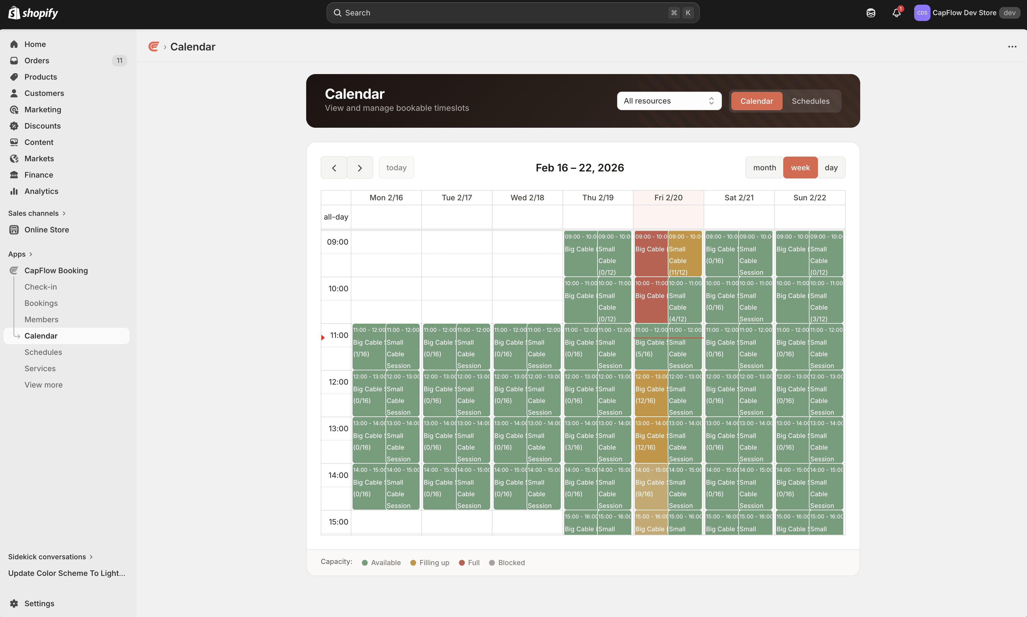 CapFlow Booking calendar view with color-coded capacity for multiple resources across a week