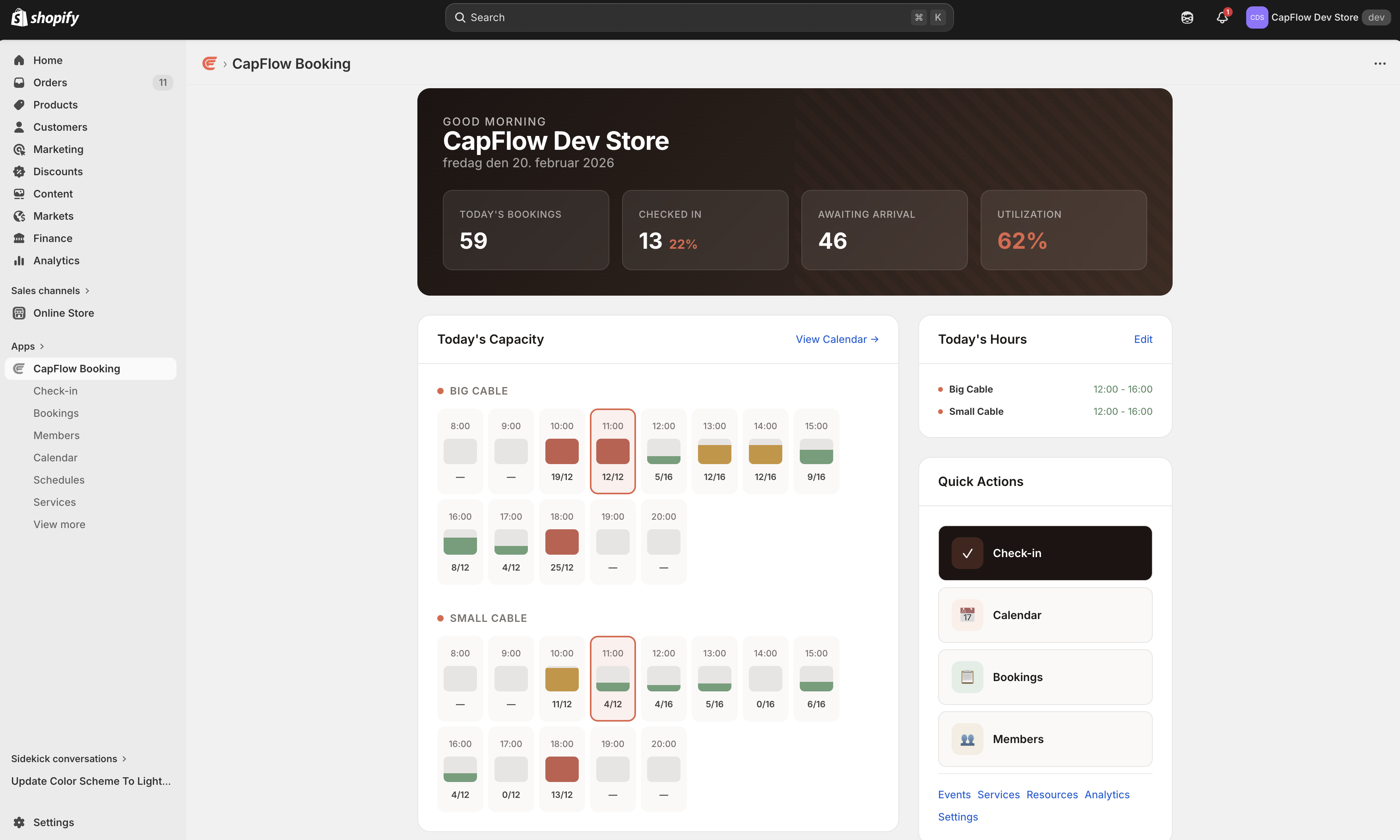 CapFlow Booking dashboard showing today's capacity, bookings stats, and color-coded timeslot grid